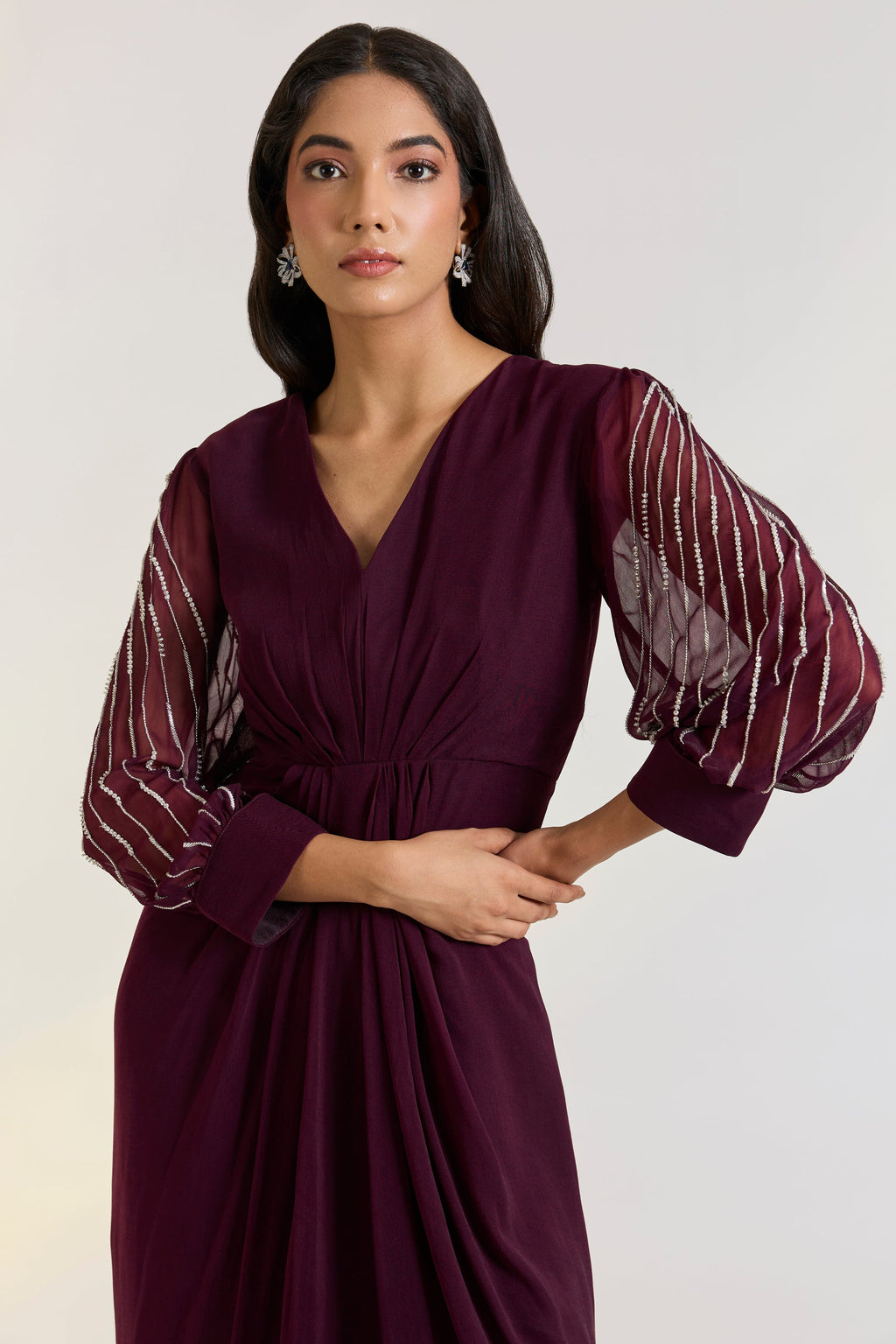 Georgette Orla Dress by Ewoke with destination wedding outfits, draped gowns, festive, Georgette, Nostalgia's Thread by Ewoke, sustainable fashion, wedding dress, Wedding wear, Wine, wine gown at Kamakhyaa for sustainable fashion
