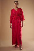 Georgette Red Drape Dress by Ewoke with Draped Dress, Formal wear, Georgette, Nostalgia's Thread by Ewoke, Red, red dress, sustainable fashion at Kamakhyaa for sustainable fashion