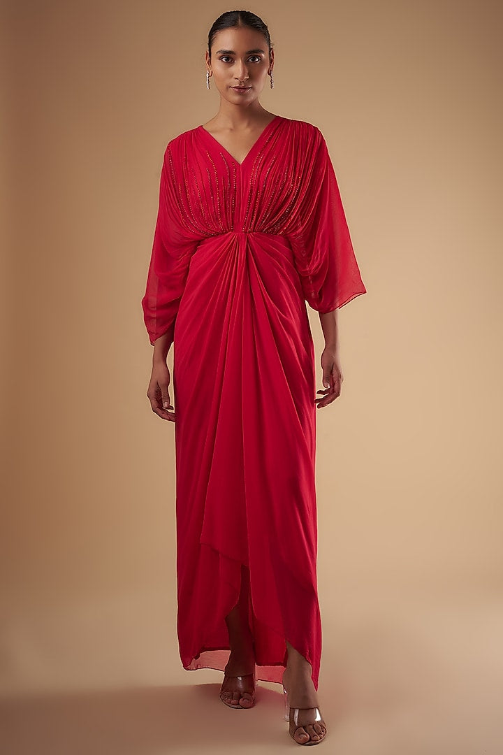 Georgette Red Drape Dress by Ewoke with Draped Dress, Formal wear, Georgette, Nostalgia's Thread by Ewoke, Red, red dress, sustainable fashion at Kamakhyaa for sustainable fashion