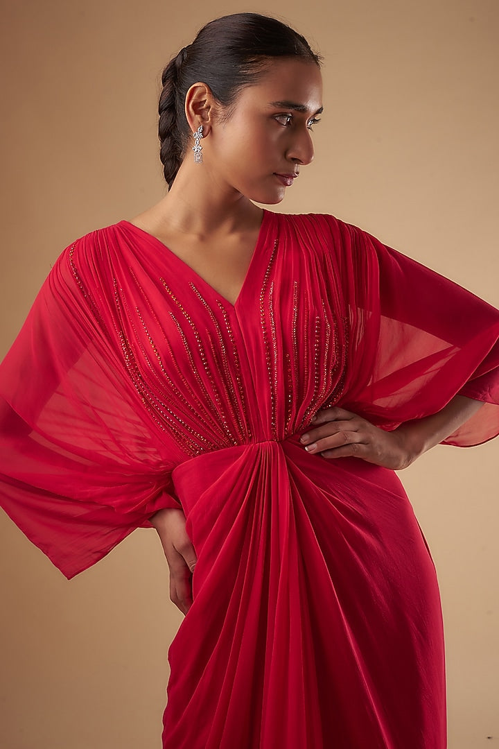 Georgette Red Drape Dress by Ewoke with Draped Dress, Formal wear, Georgette, Nostalgia's Thread by Ewoke, Red, red dress, sustainable fashion at Kamakhyaa for sustainable fashion
