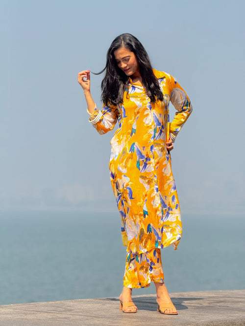 Bemberg Chiffon Yellow Embroidered Coord Set by Ewoke with Bemberg Chiffon, coord set for women, coordinate set, ecofriendly clothing, Nostalgia's Thread by Ewoke, sale, sustainable fashion, womens coordinate set at Kamakhyaa for sustainable fashion