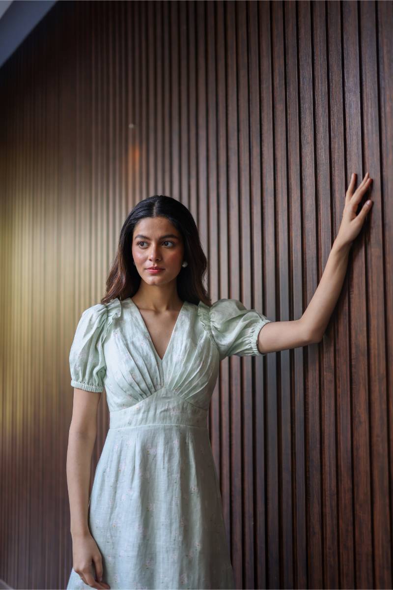 100% Hemp Sage Green Hemp Mini Dress by Ewoke with 100% Hemp, hemp dress, Holiday wear, Nostalgia's Thread by Ewoke, printed dress for women, Sage Green, sage green dress, sustainable fashion at Kamakhyaa for sustainable fashion