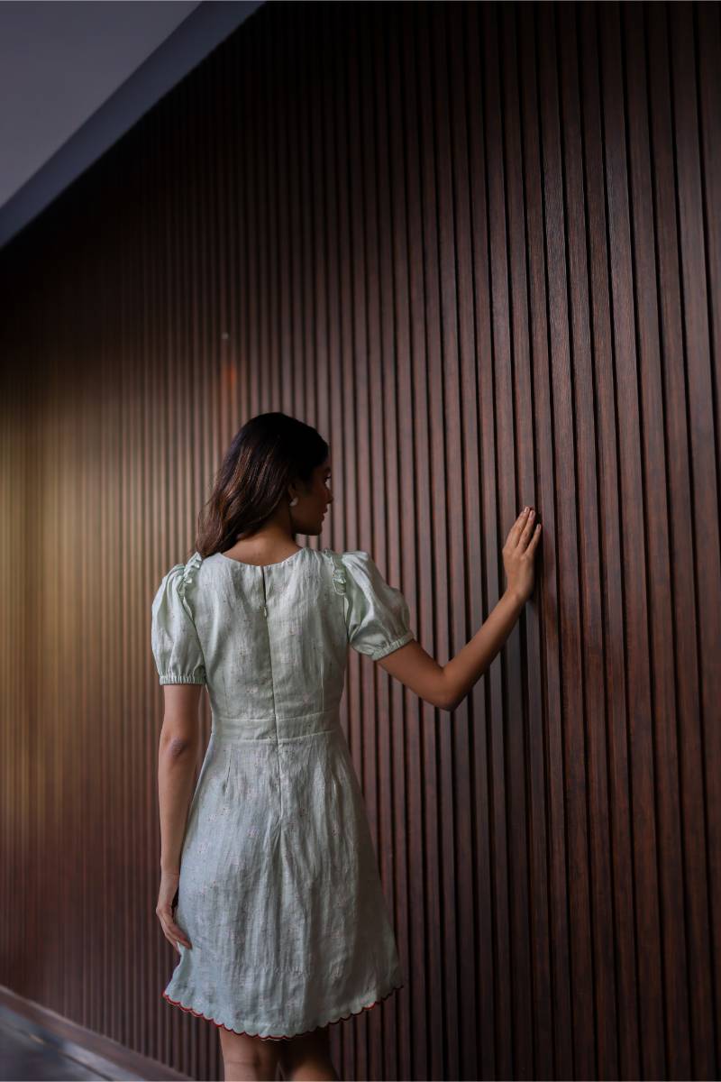 100% Hemp Sage Green Hemp Mini Dress by Ewoke with 100% Hemp, hemp dress, Holiday wear, Nostalgia's Thread by Ewoke, printed dress for women, Sage Green, sage green dress, sustainable fashion at Kamakhyaa for sustainable fashion