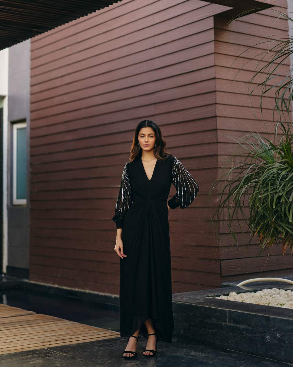 Georgette Black Georgette Evening Dress by Ewoke with Black, black dress, embroidered dress, Georgette, Holiday wear, Nostalgia's Thread by Ewoke, sustainable fashion, v-neck line at Kamakhyaa for sustainable fashion