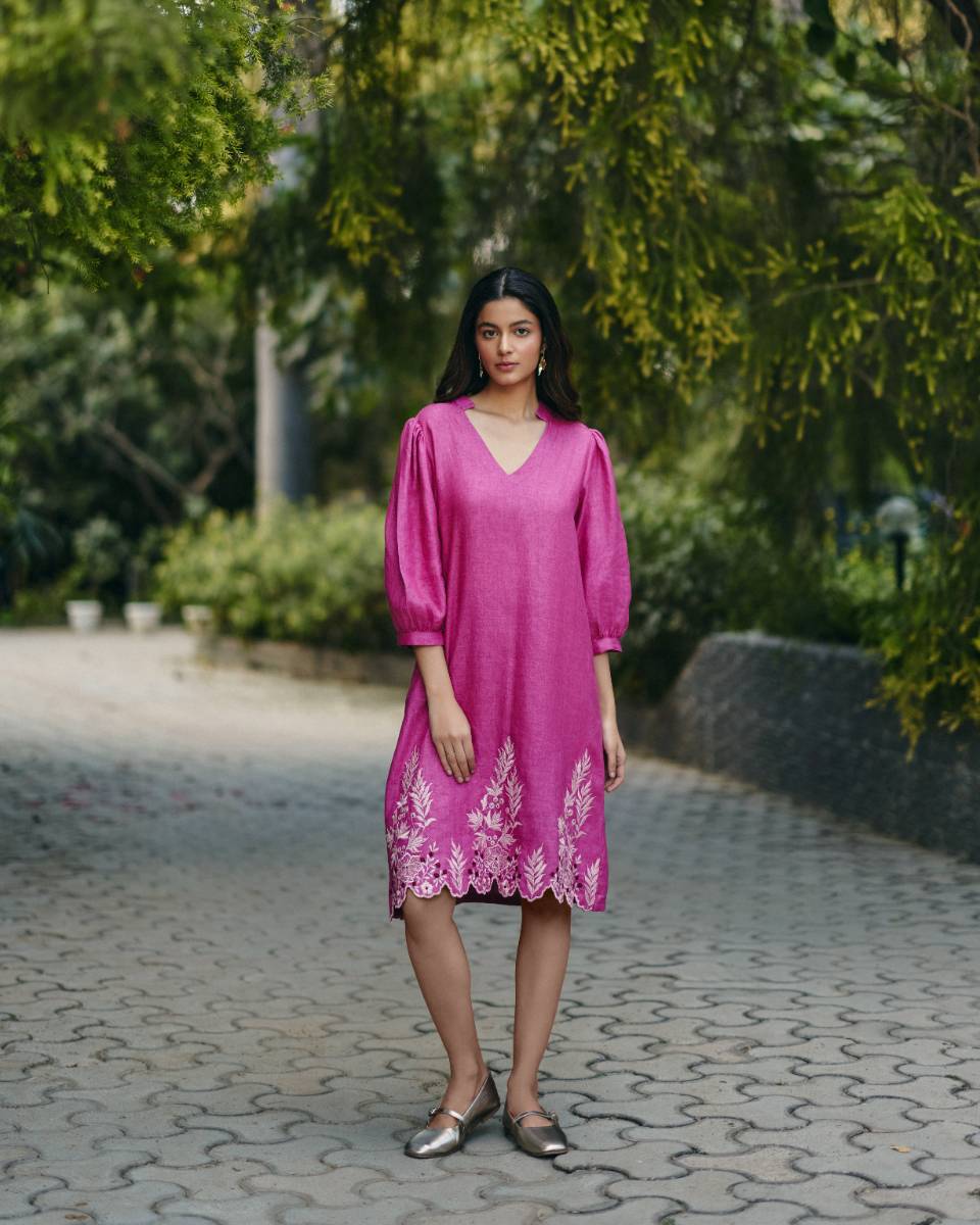 100% Hemp Pink Hemp Midi Dress by Ewoke with 100% Hemp, embroided pink dress, Holiday wear, Midi Dress, Nostalgia's Thread by Ewoke, Pink, pink dress, printed dress, womens midi dress at Kamakhyaa for sustainable fashion