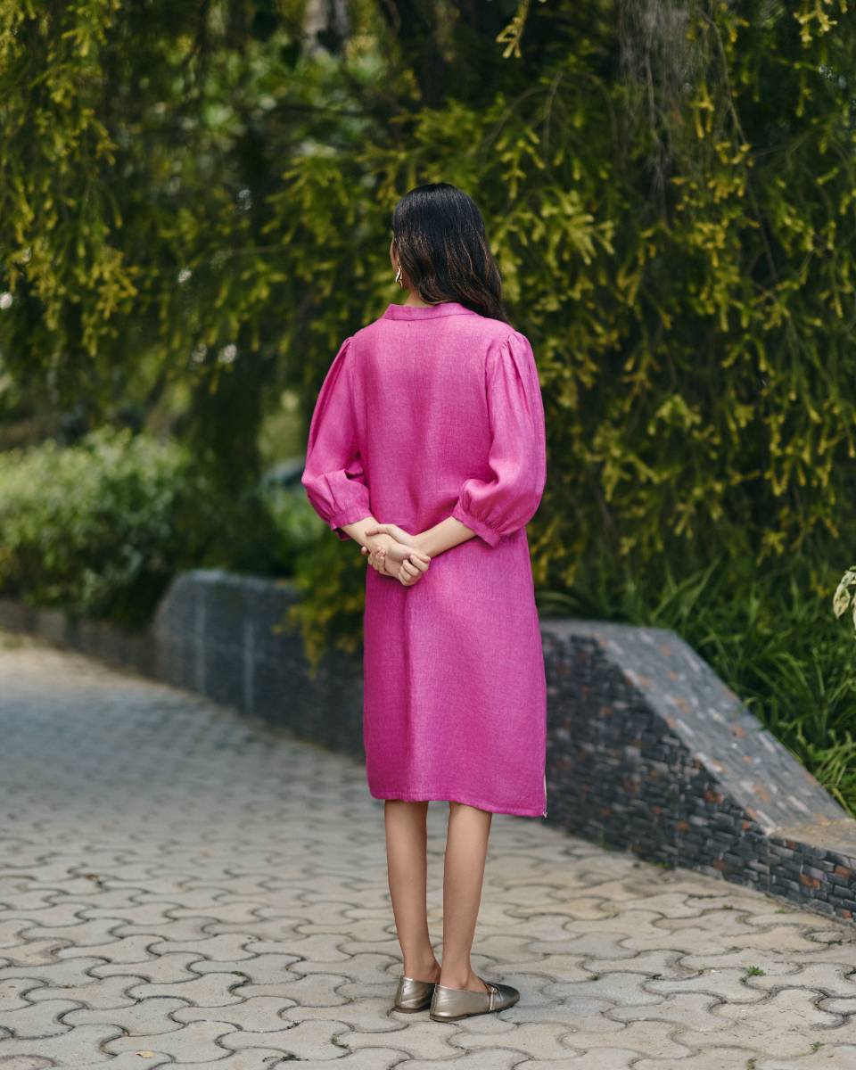 100% Hemp Pink Hemp Dress by Ewoke with 100% Hemp, embroided pink dress, Midi Dress, Nostalgia's Thread by Ewoke, pink dress, printed dress, womens midi dress at Kamakhyaa for sustainable fashion