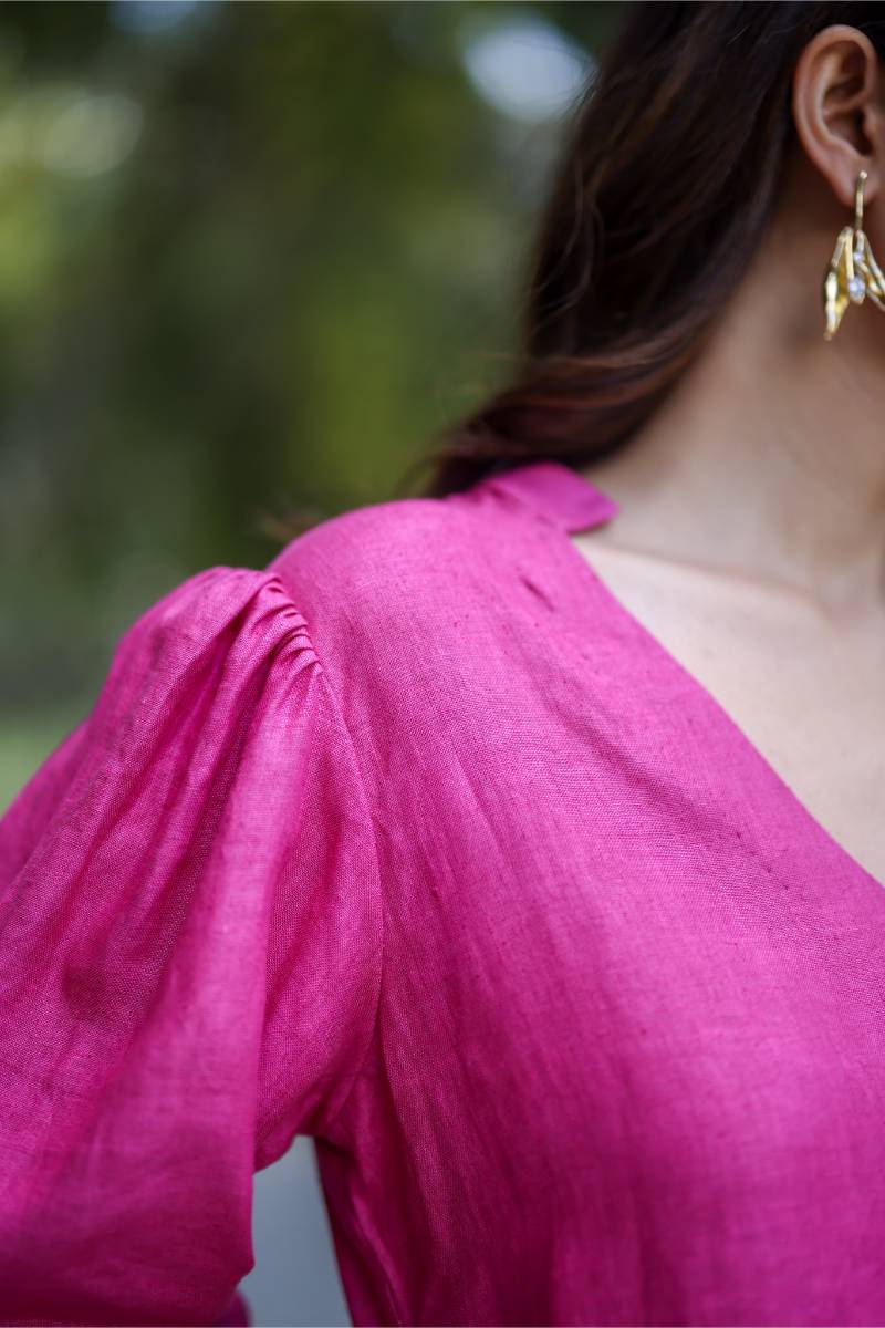 100% Hemp Pink Hemp Midi Dress by Ewoke with 100% Hemp, embroided pink dress, Holiday wear, Midi Dress, Nostalgia's Thread by Ewoke, Pink, pink dress, printed dress, womens midi dress at Kamakhyaa for sustainable fashion