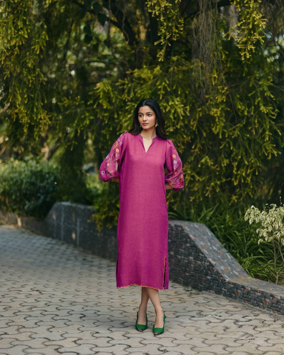 100% Hemp Pink Hemp Dress by Ewoke with 100% Hemp, embroided pink dress, Midi Dress, Nostalgia's Thread by Ewoke, pink dress, printed dress, womens midi dress at Kamakhyaa for sustainable fashion