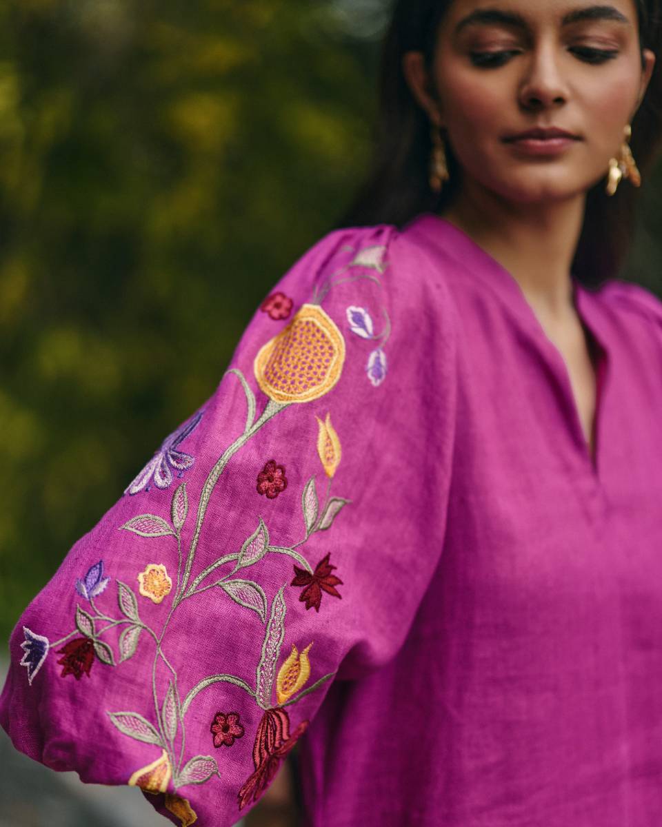 100% Hemp Pink Hemp Dress by Ewoke with 100% Hemp, embroided pink dress, Midi Dress, Nostalgia's Thread by Ewoke, pink dress, printed dress, womens midi dress at Kamakhyaa for sustainable fashion