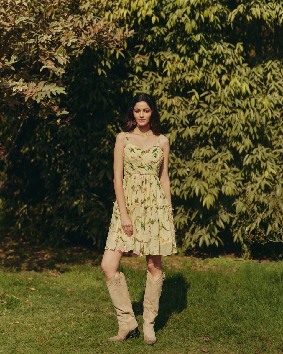 Georgette Iris Mini Dress by Ewoke with Floral, floral top, Georgette, Nostalgia's Thread by Ewoke, sustainable fashion at Kamakhyaa for sustainable fashion