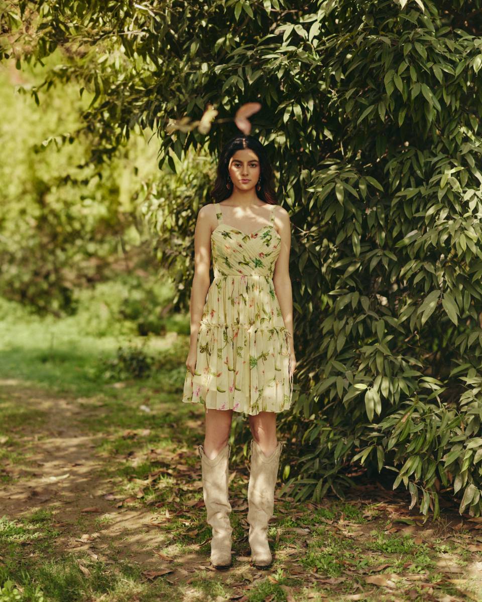 Georgette Iris Mini Dress by Ewoke with Floral, floral top, Georgette, Nostalgia's Thread by Ewoke, sustainable fashion at Kamakhyaa for sustainable fashion