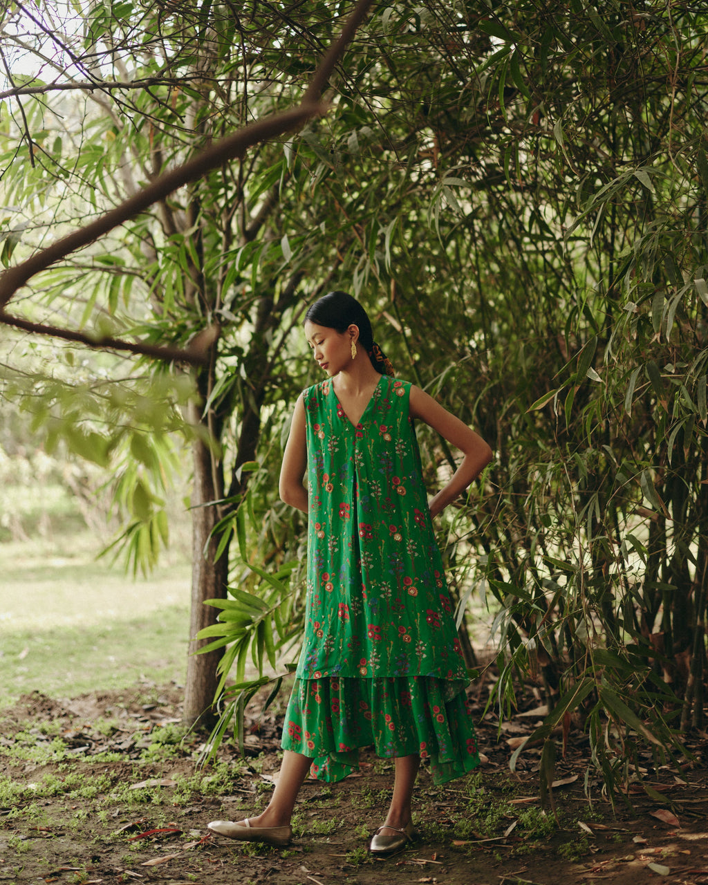 Crepe Green Embroidered A-line Dress by Ewoke with A-line Dress, aline dress, bemberg dress, Crepe, Floral, Nostalgia's Thread by Ewoke, printed dress, sustainable fashion at Kamakhyaa for sustainable fashion