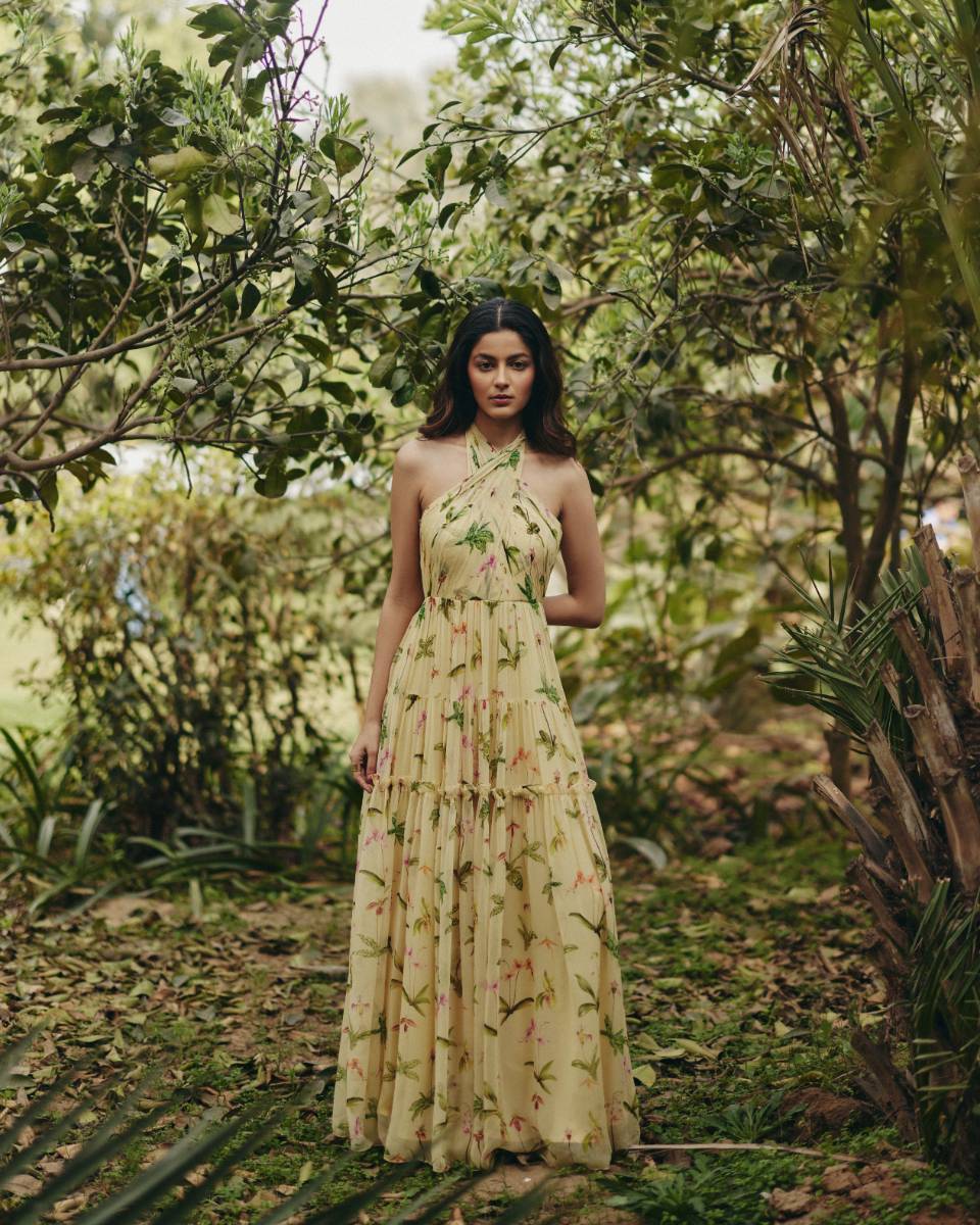 Georgette Iris Halter Neck Maxi Dress by Ewoke with Floral, floral halter neck, Georgette, halter neck, Nostalgia's Thread by Ewoke, Party Wear, sustainable fashion at Kamakhyaa for sustainable fashion