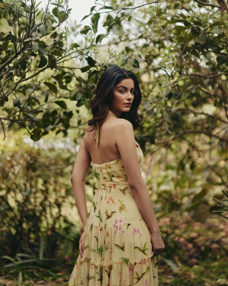 Georgette Iris Halter Neck Maxi Dress by Ewoke with Floral, floral halter neck, Georgette, halter neck, Nostalgia's Thread by Ewoke, Party Wear, sustainable fashion at Kamakhyaa for sustainable fashion