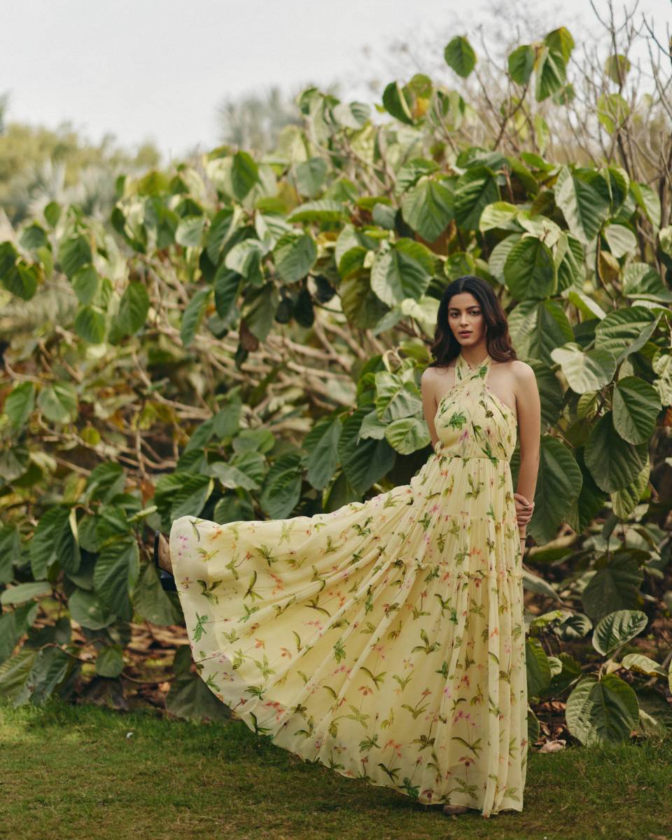 Georgette Iris Halter Neck Maxi Dress by Ewoke with Floral, floral halter neck, Georgette, halter neck, Nostalgia's Thread by Ewoke, Party Wear, sustainable fashion at Kamakhyaa for sustainable fashion