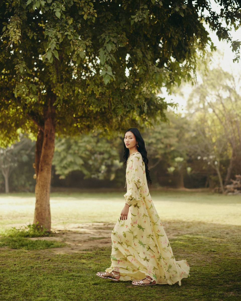 Georgette Iris Floral Maxi Dress by Ewoke with Floral, floral print, Georgette, Nostalgia's Thread by Ewoke, Party Wear, round neck, sustainable fashion at Kamakhyaa for sustainable fashion