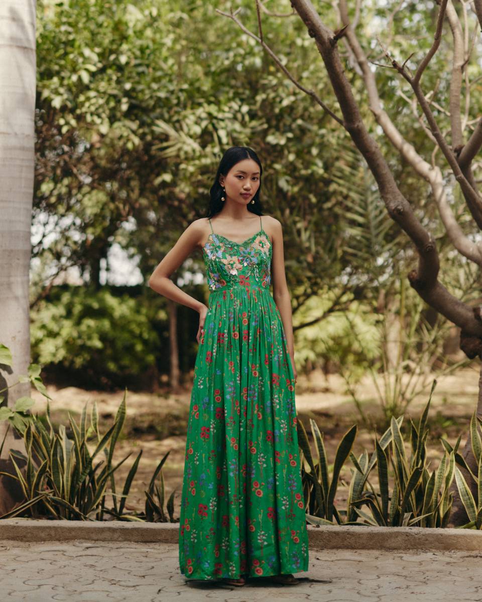 Crepe Green Embroidered Maxi Dress by Ewoke with Crepe, Floral, Nostalgia's Thread by Ewoke, Party Wear, sustainable fashion at Kamakhyaa for sustainable fashion