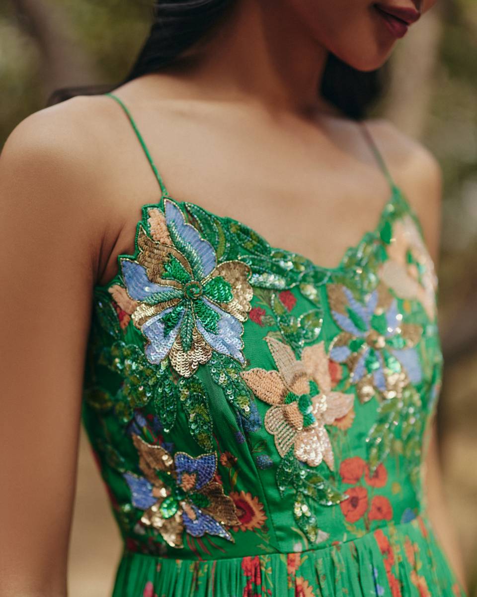 Crepe Green Embroidered Maxi Dress by Ewoke with Crepe, Floral, Nostalgia's Thread by Ewoke, Party Wear, sustainable fashion at Kamakhyaa for sustainable fashion