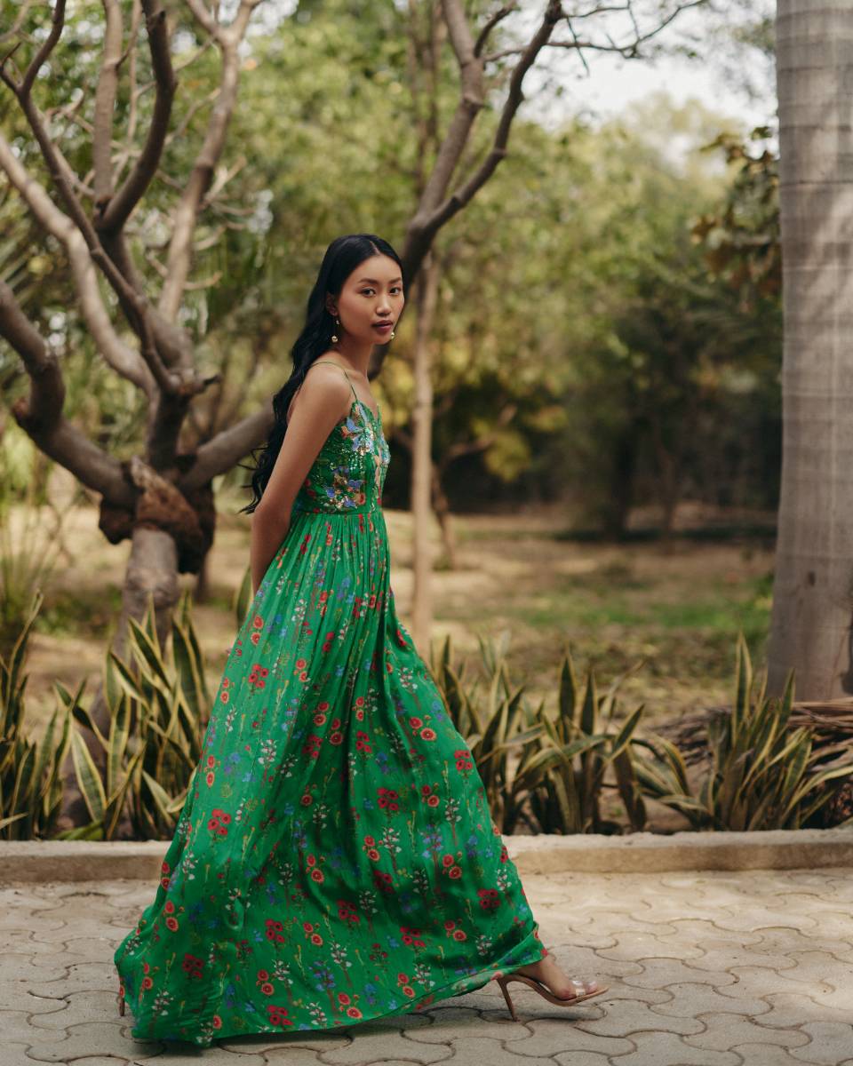 Crepe Green Embroidered Maxi Dress by Ewoke with Crepe, Floral, Nostalgia's Thread by Ewoke, Party Wear, sustainable fashion at Kamakhyaa for sustainable fashion