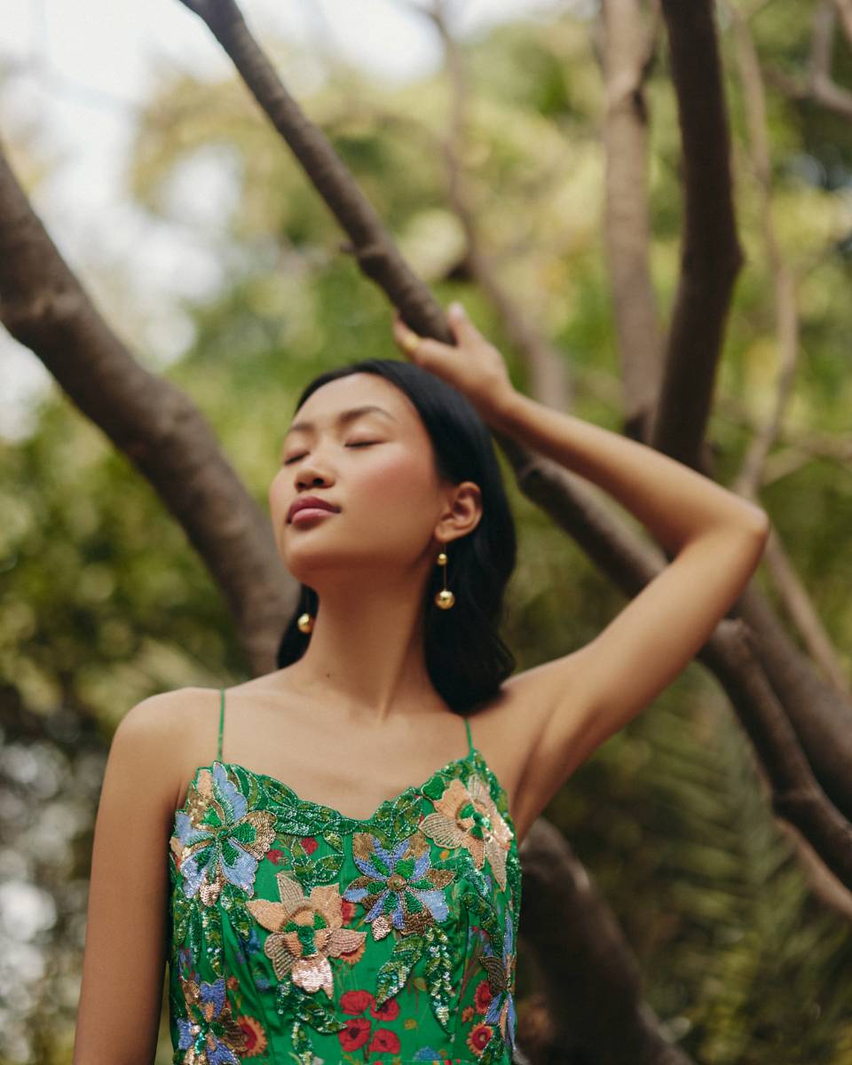 Crepe Green Embroidered Maxi Dress by Ewoke with Crepe, Floral, Nostalgia's Thread by Ewoke, Party Wear, sustainable fashion at Kamakhyaa for sustainable fashion