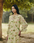 Georgette Iris Floral Maxi Dress by Ewoke with Floral, floral print, Georgette, In Her Element, Nostalgia's Thread by Ewoke, Party Wear, round neck, sustainable fashion at Kamakhyaa for sustainable fashion
