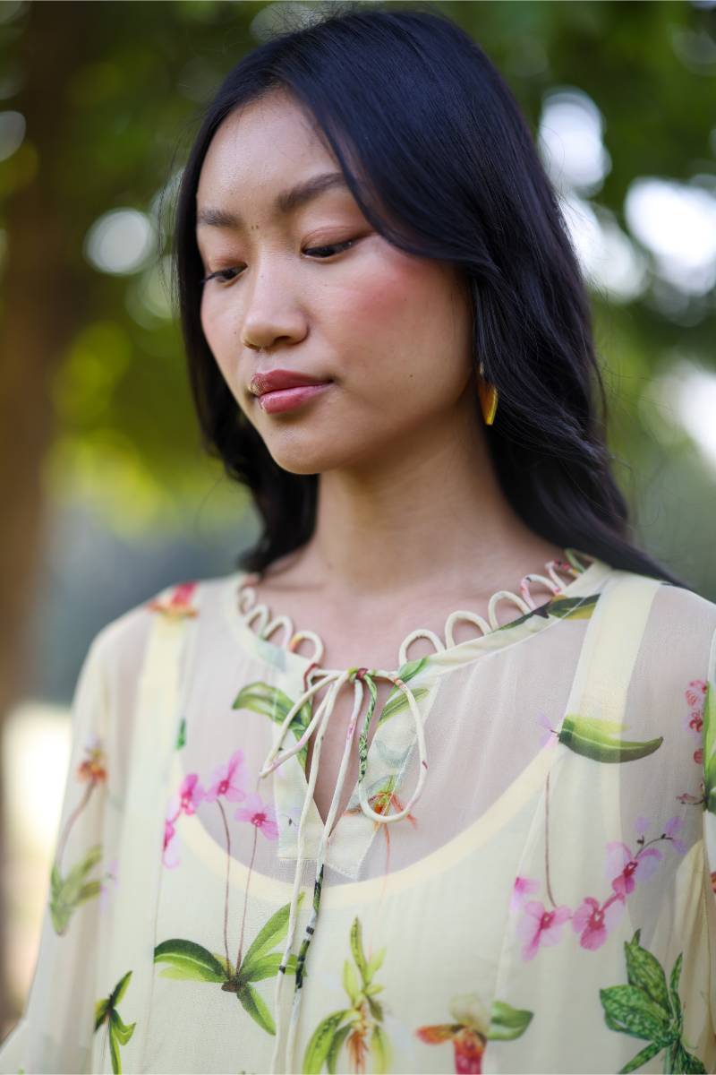 Georgette Iris Floral Maxi Dress by Ewoke with Floral, floral print, Georgette, Nostalgia's Thread by Ewoke, Party Wear, round neck, sustainable fashion at Kamakhyaa for sustainable fashion