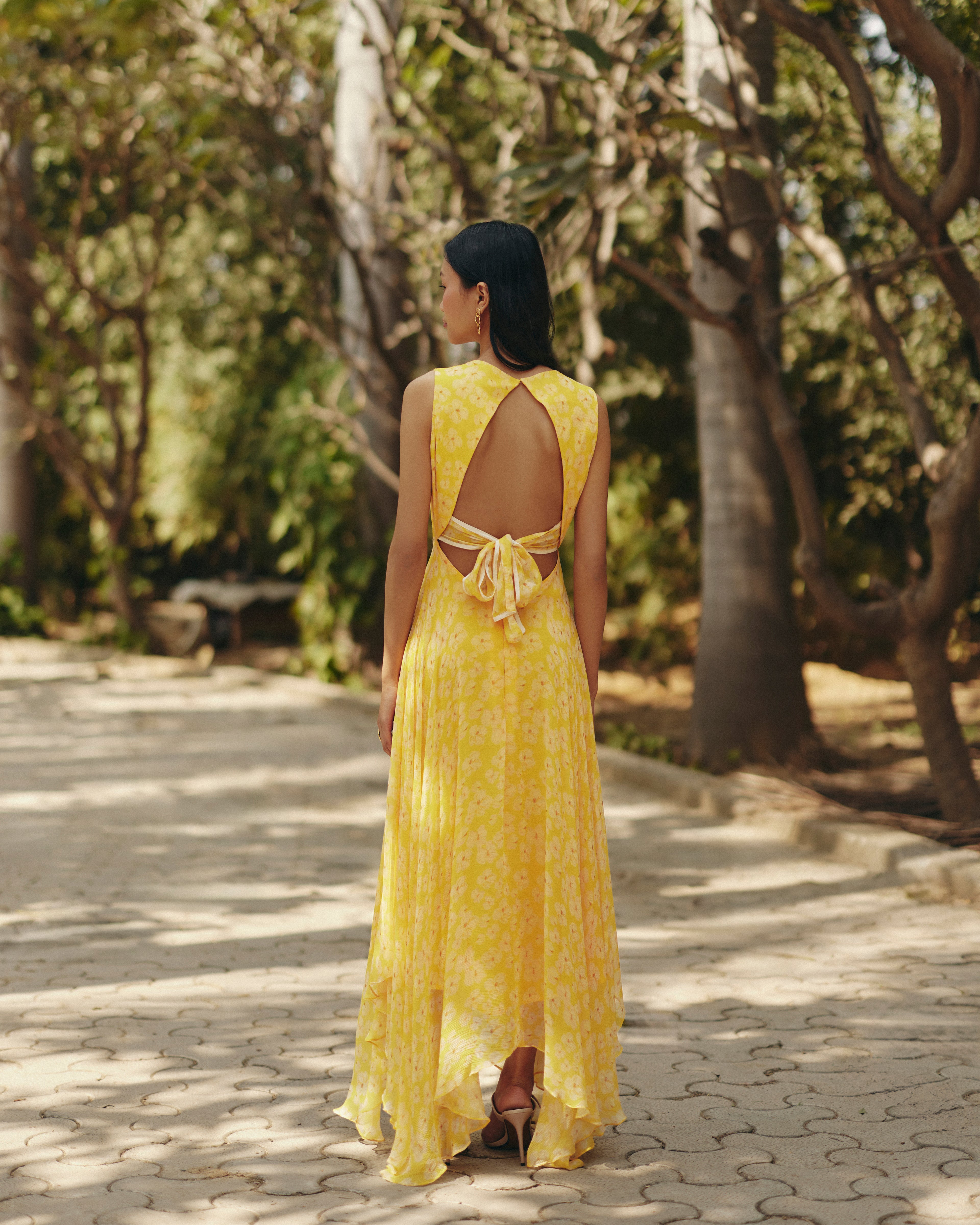 Chiffon Petal Haze Yellow Chiffon Dress by Ewoke with bemberg dress, bemberg fabric, Chiffon, drape dress, Holiday wear, In Her Element, maxi dress, Midi Dress, Nostalgia's Thread by Ewoke at Kamakhyaa for sustainable fashion