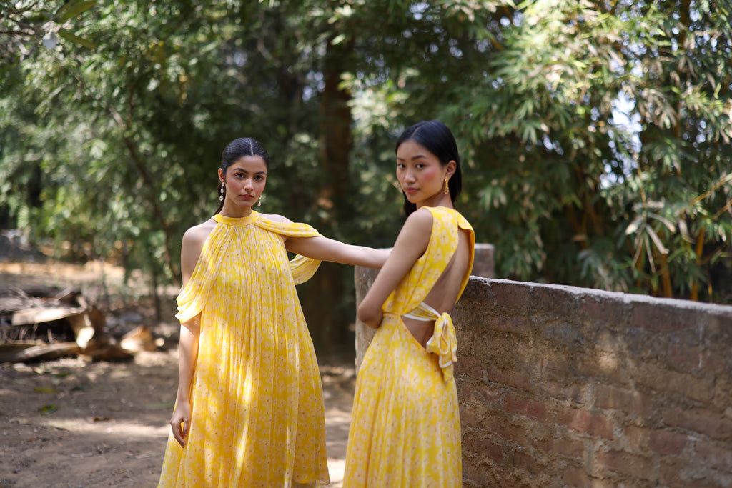 Chiffon Petal Haze Yellow Chiffon Dress by Ewoke with bemberg dress, bemberg fabric, Chiffon, drape dress, Holiday wear, In Her Element, maxi dress, Midi Dress, Nostalgia's Thread by Ewoke at Kamakhyaa for sustainable fashion