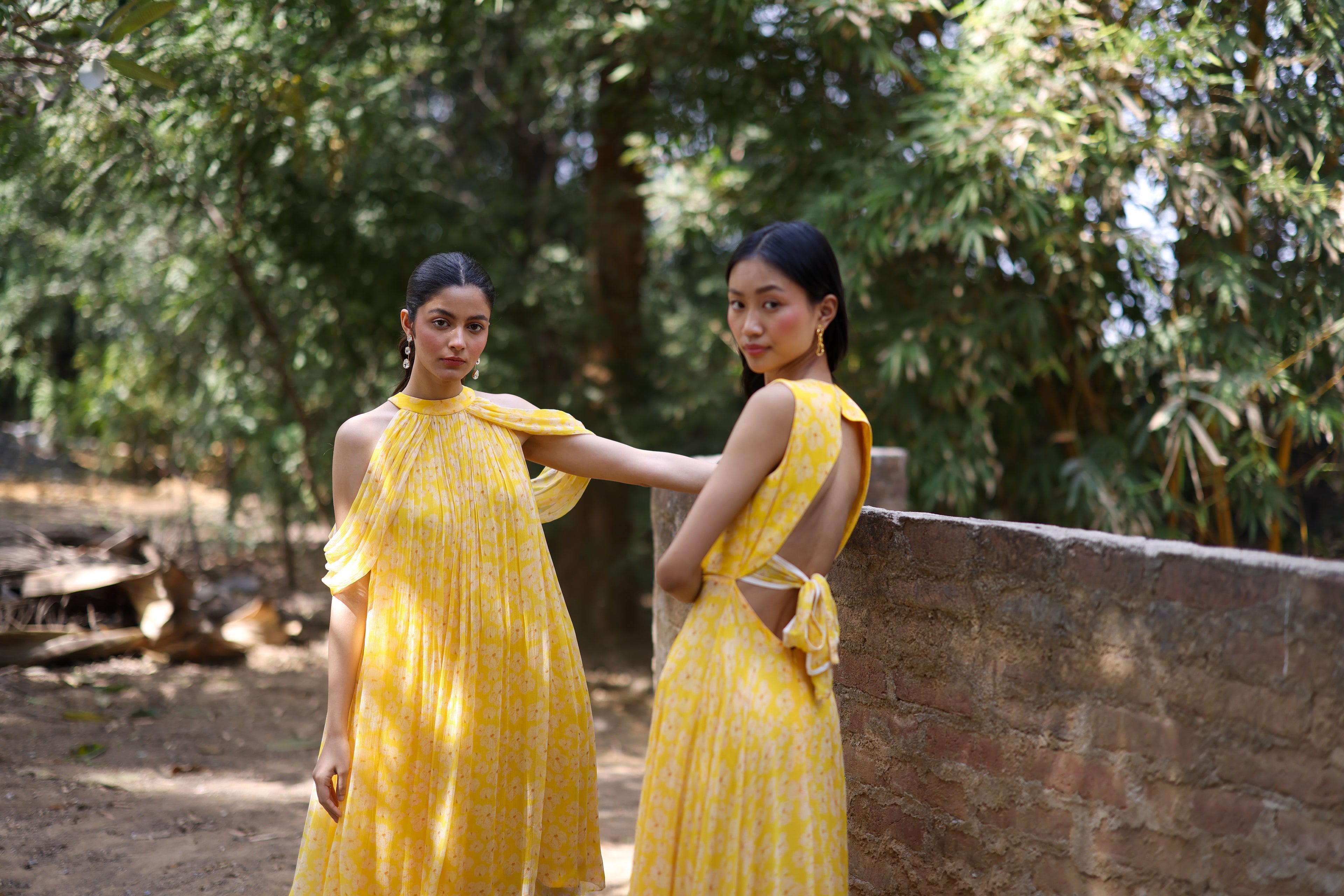 Chiffon Petal Haze Yellow Chiffon Dress by Ewoke with bemberg dress, bemberg fabric, Chiffon, drape dress, Holiday wear, In Her Element, maxi dress, Midi Dress, Nostalgia's Thread by Ewoke at Kamakhyaa for sustainable fashion