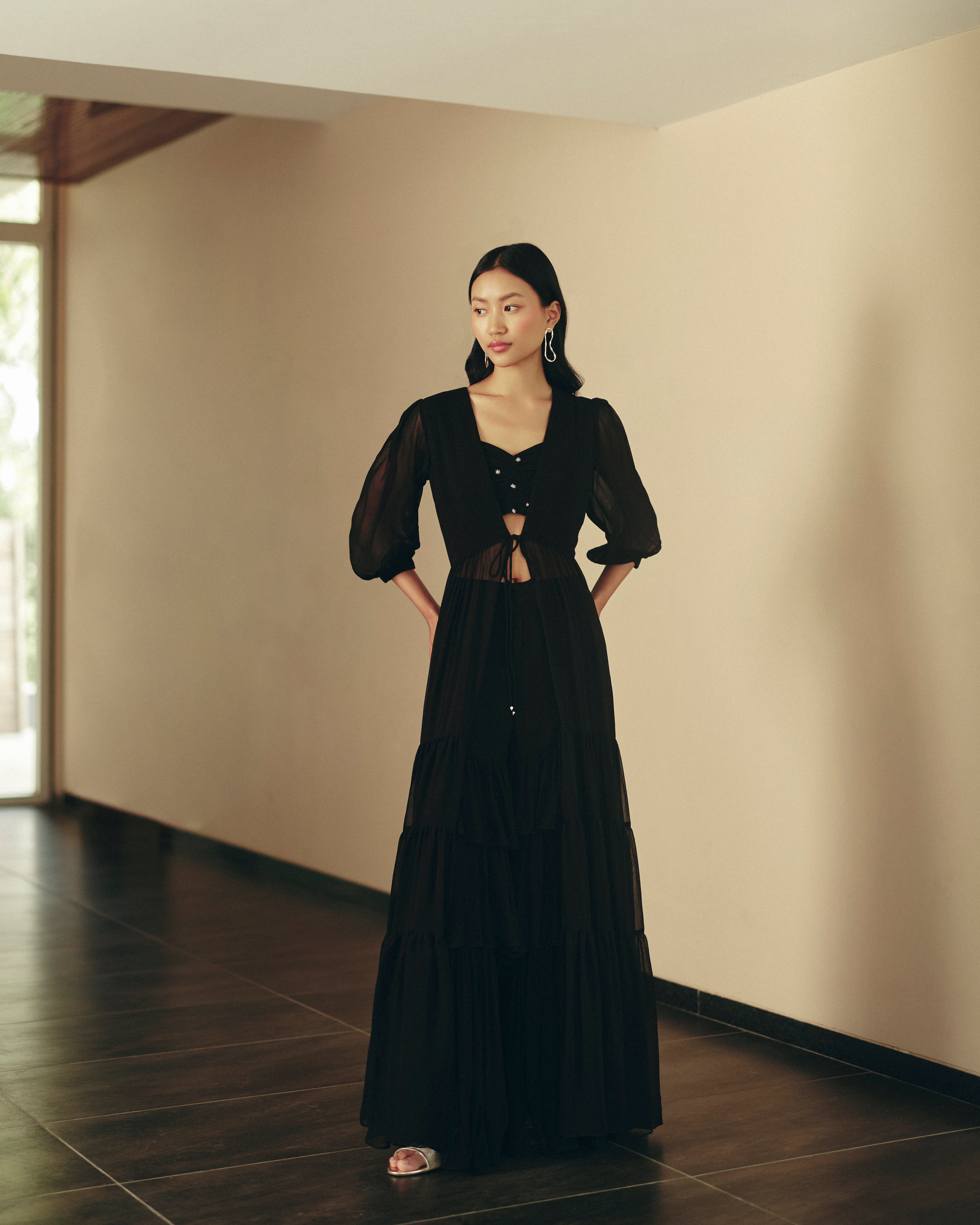 Georgette Midnight Ruffle Set by Ewoke with coord set, Georgette, Holiday wear, Nostalgia's Thread by Ewoke, printed coord set, sharara, sustainable fashion, womens coord set at Kamakhyaa for sustainable fashion