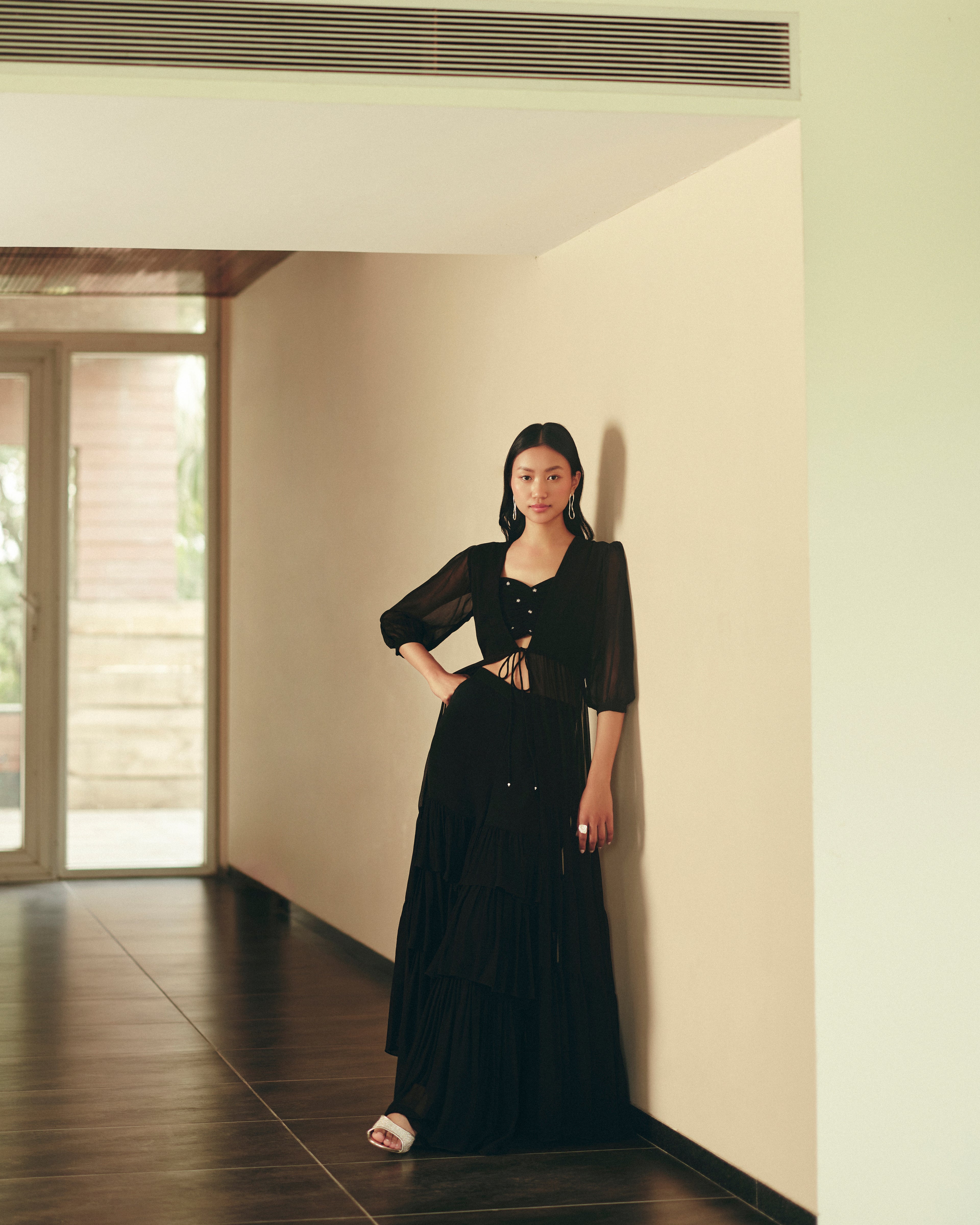 Georgette Midnight Ruffle Set by Ewoke with coord set, Georgette, Holiday wear, Nostalgia's Thread by Ewoke, printed coord set, sharara, sustainable fashion, womens coord set at Kamakhyaa for sustainable fashion