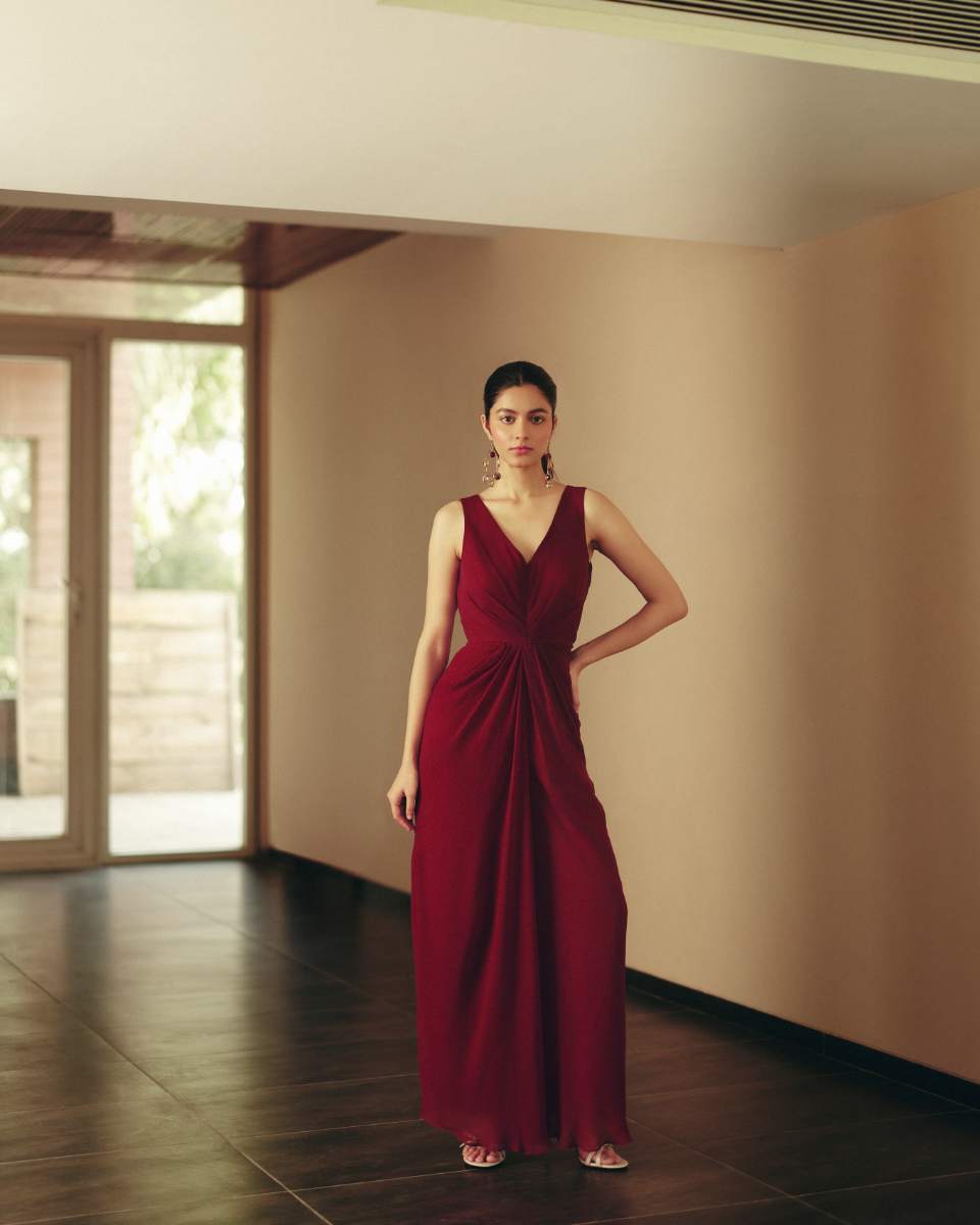 Georgette Purple Georgette Jumpsuit by Ewoke with Georgette, jumpsuit, Nostalgia's Thread by Ewoke, purple jumpsuit, sustainable fashion, v-neck line at Kamakhyaa for sustainable fashion