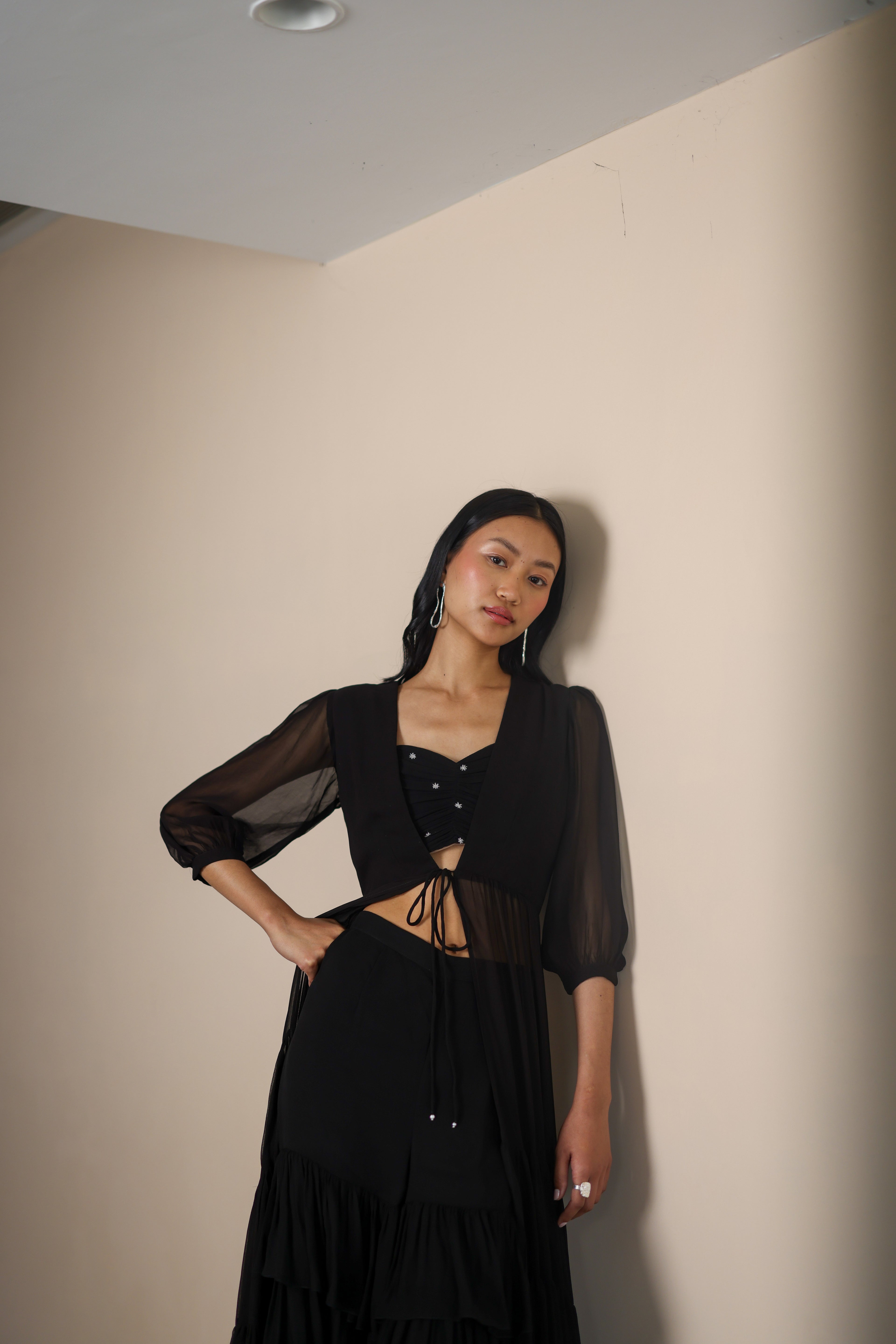 Georgette Midnight Ruffle Set by Ewoke with coord set, Georgette, Holiday wear, Nostalgia's Thread by Ewoke, printed coord set, sharara, sustainable fashion, womens coord set at Kamakhyaa for sustainable fashion