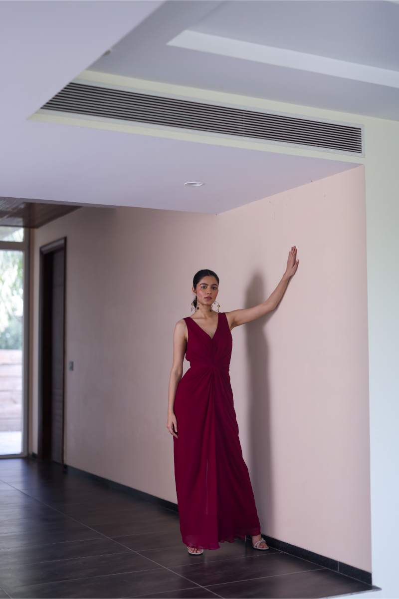 Georgette Purple Georgette Jumpsuit by Ewoke with Georgette, jumpsuit, Nostalgia's Thread by Ewoke, purple jumpsuit, sustainable fashion, v-neck line at Kamakhyaa for sustainable fashion