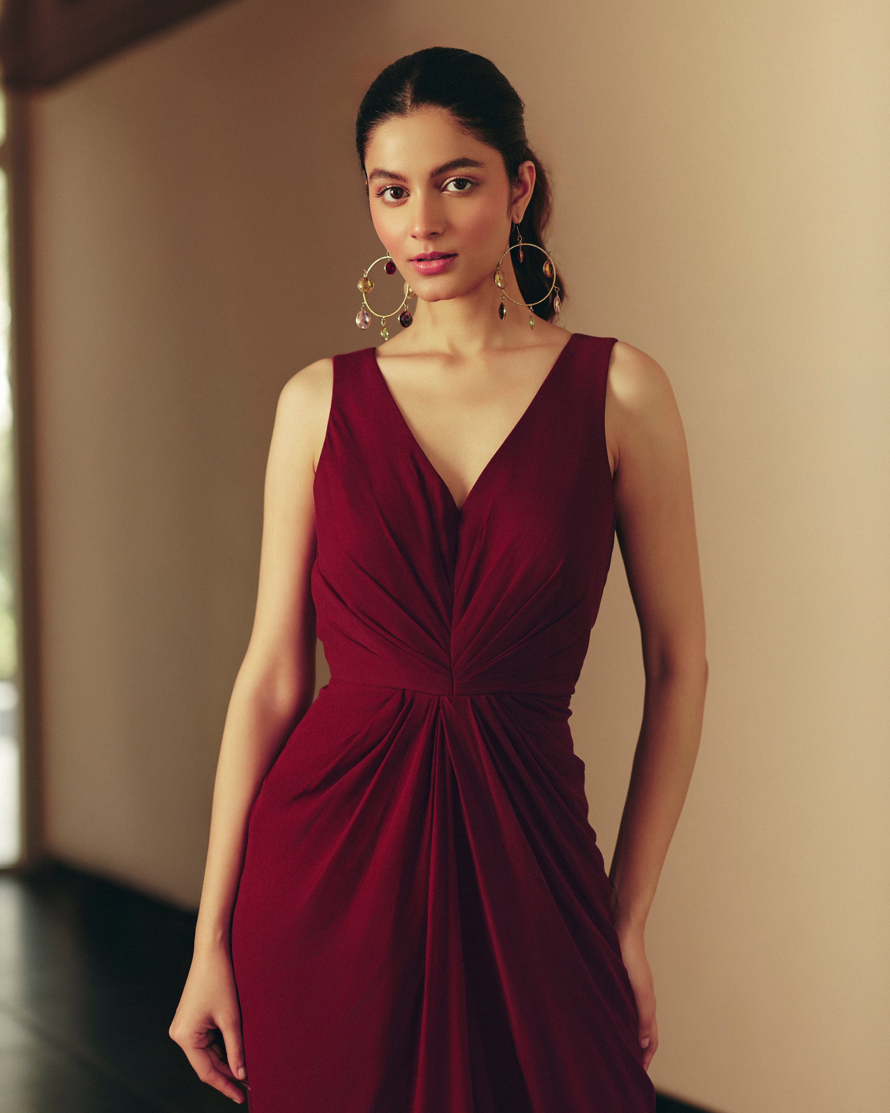 Georgette Purple Georgette Jumpsuit by Ewoke with Georgette, In Her Element, jumpsuit, Nostalgia's Thread by Ewoke, purple jumpsuit, sustainable fashion, v-neck line at Kamakhyaa for sustainable fashion