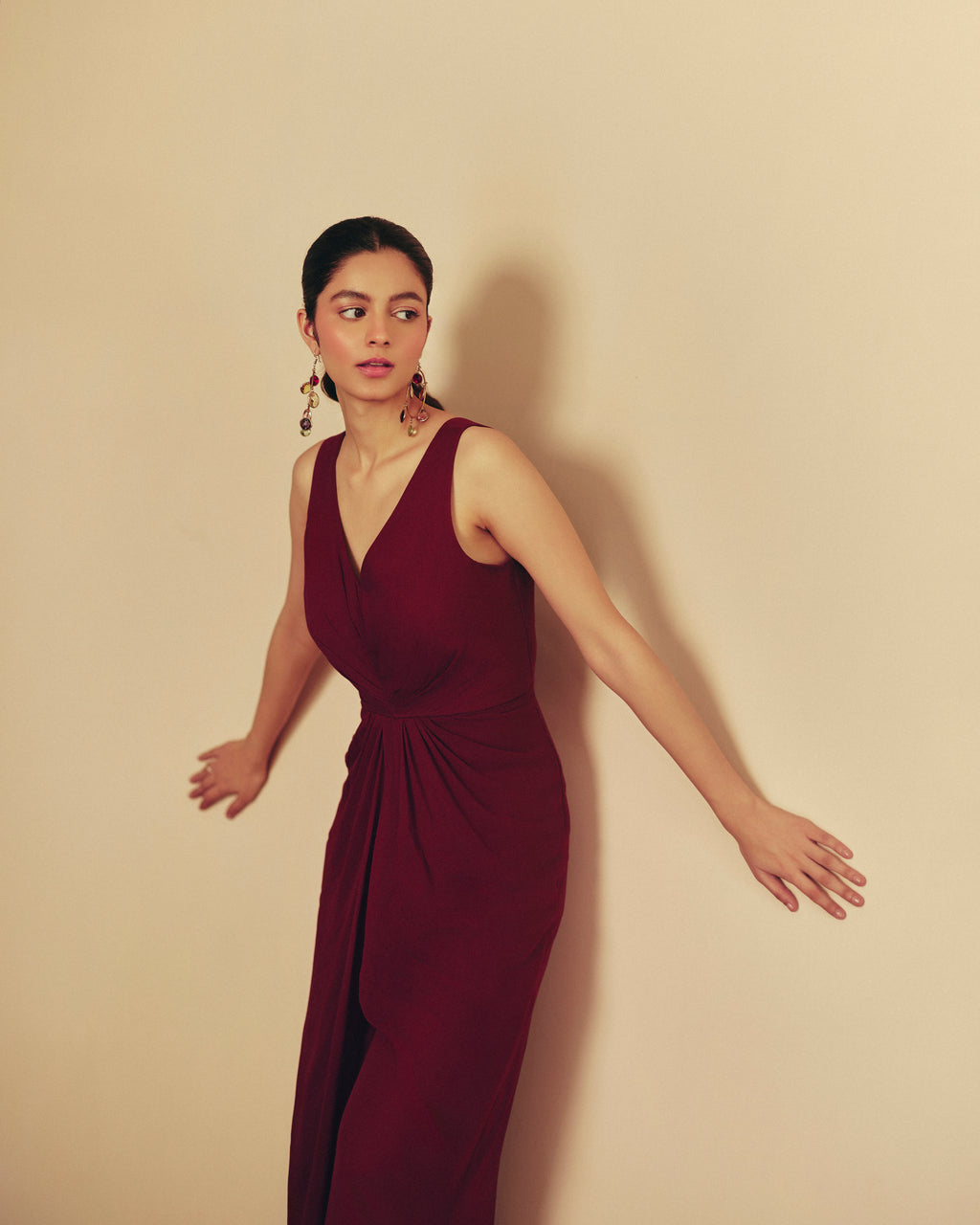 Georgette Purple Georgette Jumpsuit by Ewoke with Georgette, In Her Element, jumpsuit, Nostalgia's Thread by Ewoke, purple jumpsuit, sustainable fashion, v-neck line at Kamakhyaa for sustainable fashion