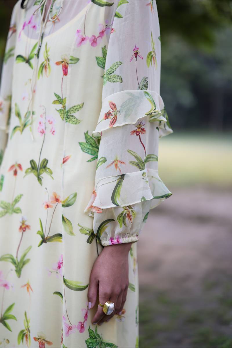 Georgette Iris Floral Maxi Dress by Ewoke with Floral, floral print, Georgette, Nostalgia's Thread by Ewoke, Party Wear, round neck, sustainable fashion at Kamakhyaa for sustainable fashion