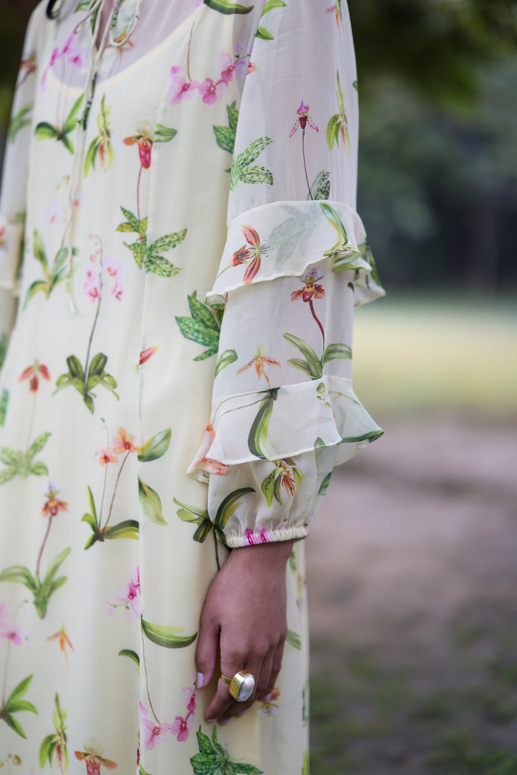 Georgette Iris Floral Maxi Dress by Ewoke with Floral, floral print, Georgette, In Her Element, Nostalgia's Thread by Ewoke, Party Wear, round neck, sustainable fashion at Kamakhyaa for sustainable fashion