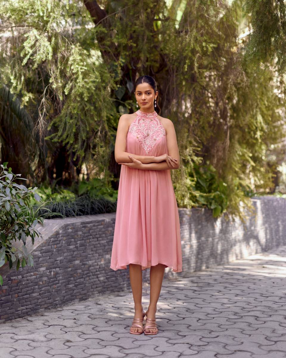 Georgette Pink Georgette Embroidered Bemberg Dress by Ewoke with Georgette, halter neck dress, Holiday wear, Midi Dress, Nostalgia's Thread by Ewoke, Pink, pink dress, sustainable fashion at Kamakhyaa for sustainable fashion