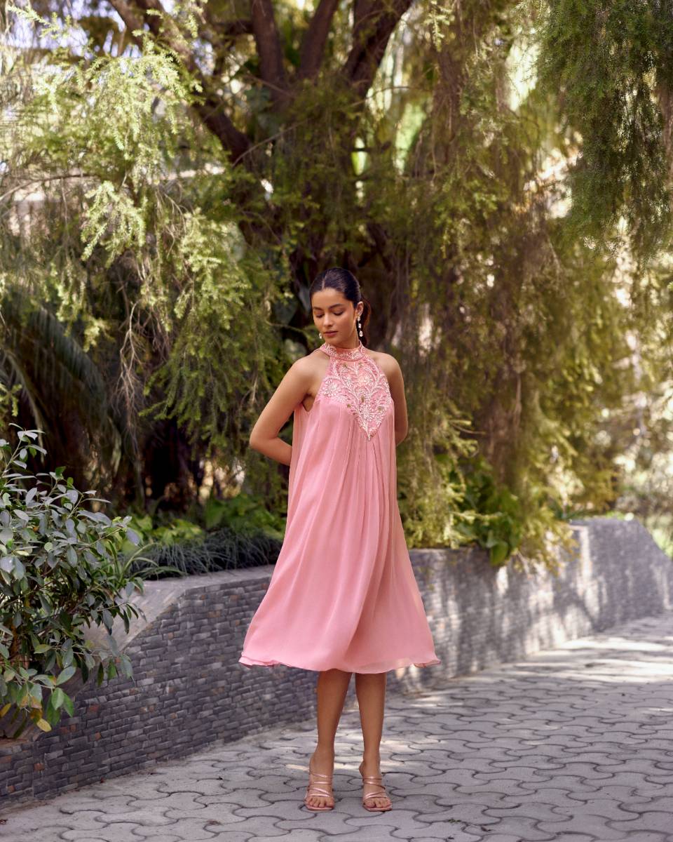 Georgette Pink Georgette Embroidered Bemberg Dress by Ewoke with Georgette, halter neck dress, Holiday wear, Midi Dress, Nostalgia's Thread by Ewoke, Pink, pink dress, sustainable fashion at Kamakhyaa for sustainable fashion