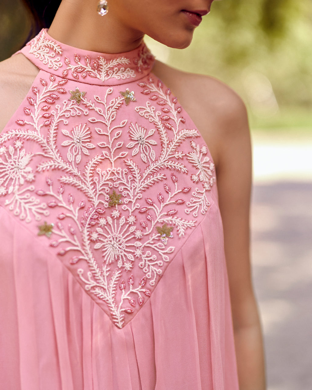 Georgette Pink Georgette Embroidered Bemberg Dress by Ewoke with Georgette, halter neck dress, Holiday wear, Midi Dress, Nostalgia's Thread by Ewoke, Pink, pink dress, sustainable fashion at Kamakhyaa for sustainable fashion