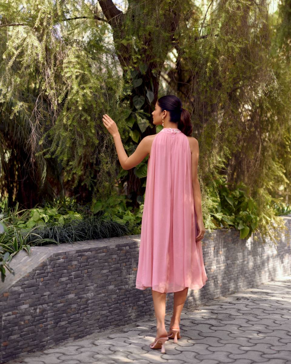 Georgette Pink Georgette Embroidered Bemberg Dress by Ewoke with Georgette, halter neck dress, Holiday wear, Midi Dress, Nostalgia's Thread by Ewoke, Pink, pink dress, sustainable fashion at Kamakhyaa for sustainable fashion
