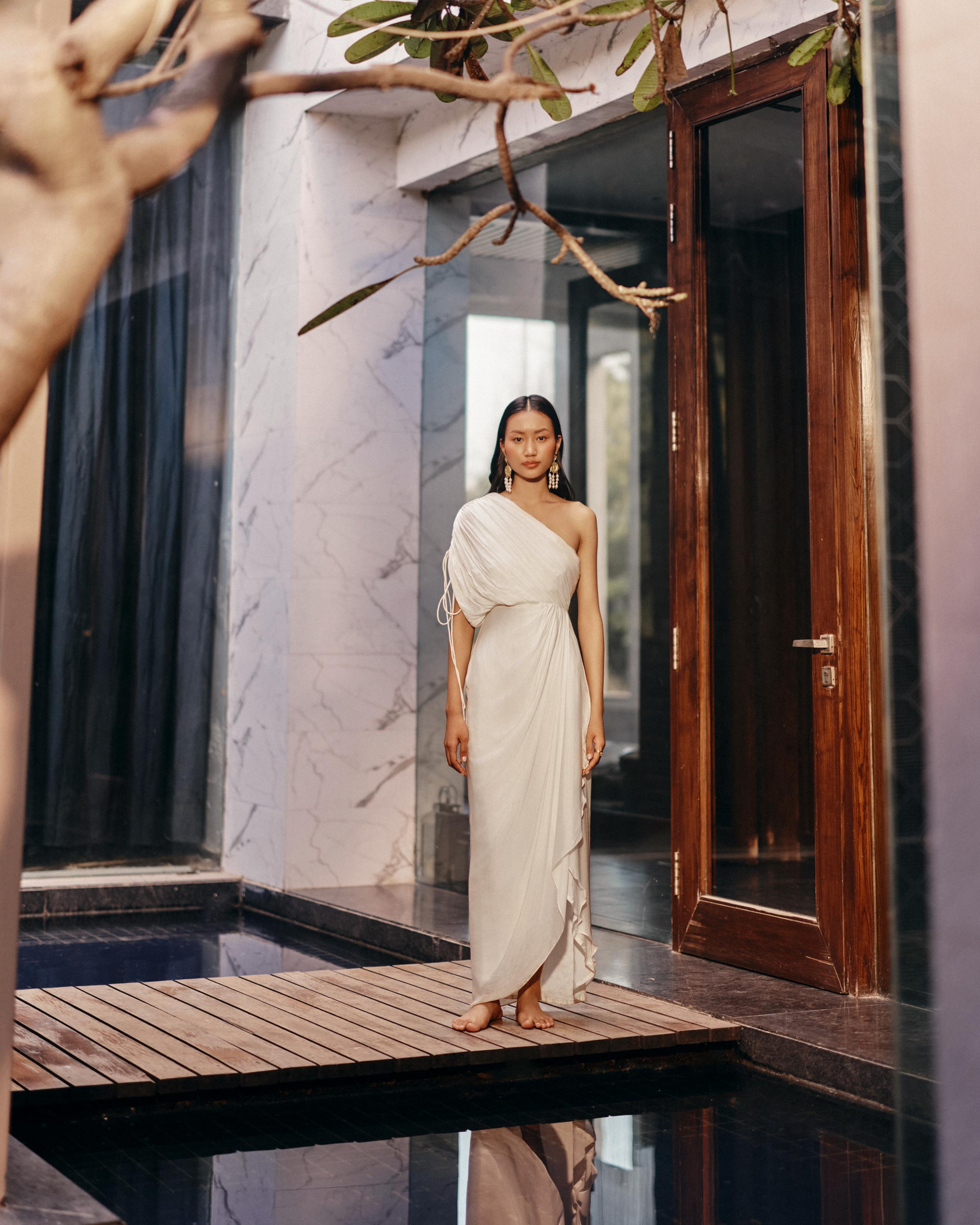 Georgette Ivory Cowl Drape Dress by Ewoke with cowl neck, dress, Georgette, Nostalgia's Thread by Ewoke, sustainable fashion, White, white dress at Kamakhyaa for sustainable fashion