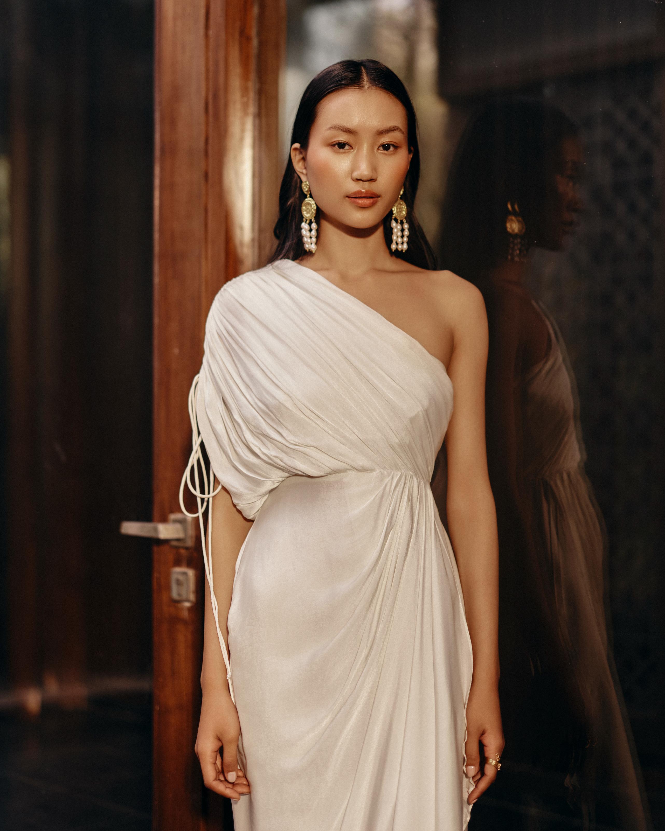 Georgette Ivory Cowl Drape Dress by Ewoke with cowl neck, dress, Georgette, Nostalgia's Thread by Ewoke, sustainable fashion, White, white dress at Kamakhyaa for sustainable fashion