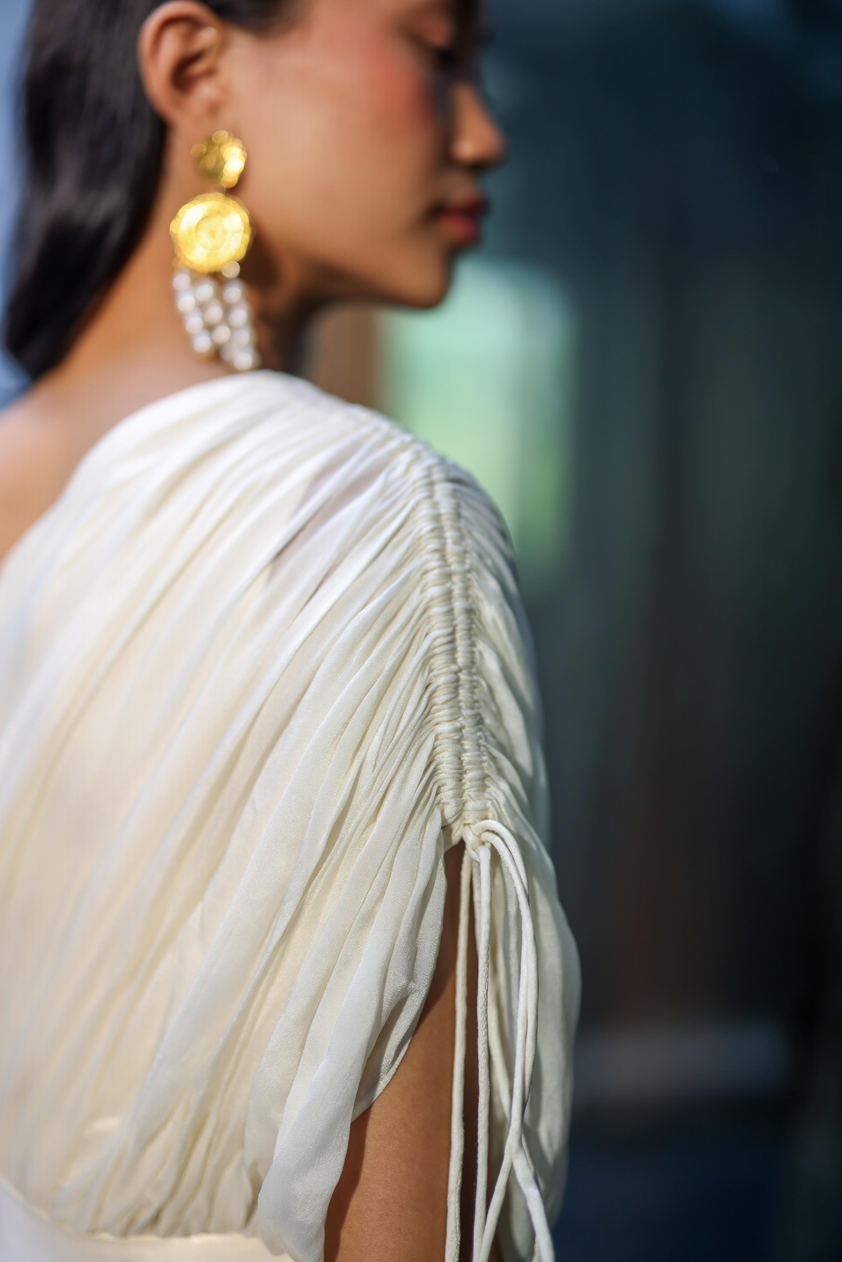 Georgette Ivory Cowl Drape Dress by Ewoke with cowl neck, dress, Georgette, Nostalgia's Thread by Ewoke, sustainable fashion, White, white dress at Kamakhyaa for sustainable fashion