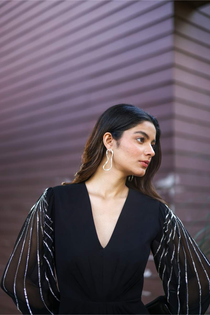 Georgette Black Georgette Evening Dress by Ewoke with Black, black dress, embroidered dress, Georgette, Holiday wear, Nostalgia's Thread by Ewoke, sustainable fashion, v-neck line at Kamakhyaa for sustainable fashion