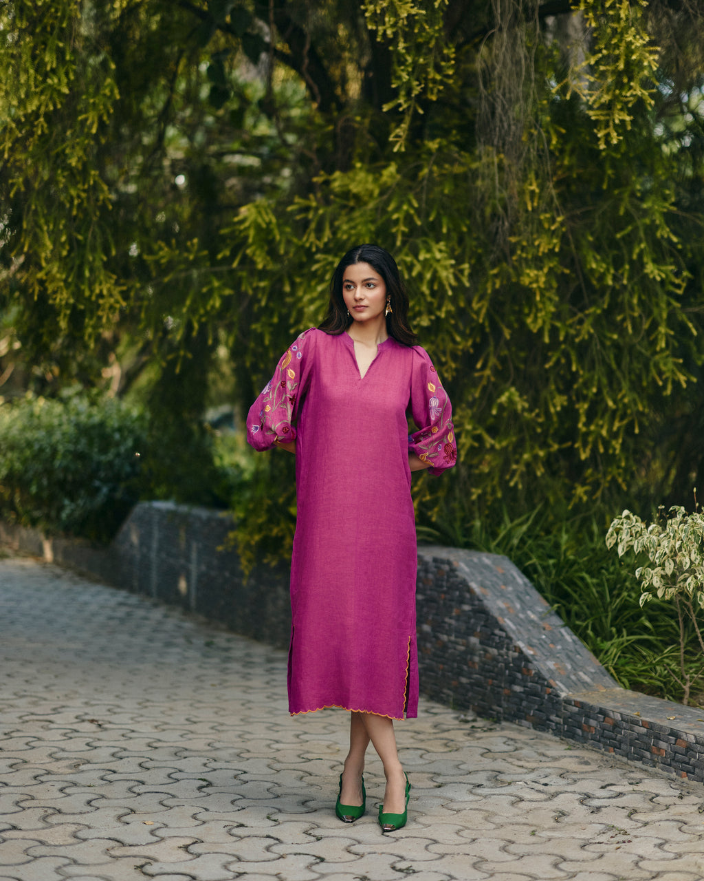 100% Hemp Pink Hemp Dress by Ewoke with 100% Hemp, embroided pink dress, Midi Dress, Nostalgia's Thread by Ewoke, pink dress, printed dress, womens midi dress at Kamakhyaa for sustainable fashion