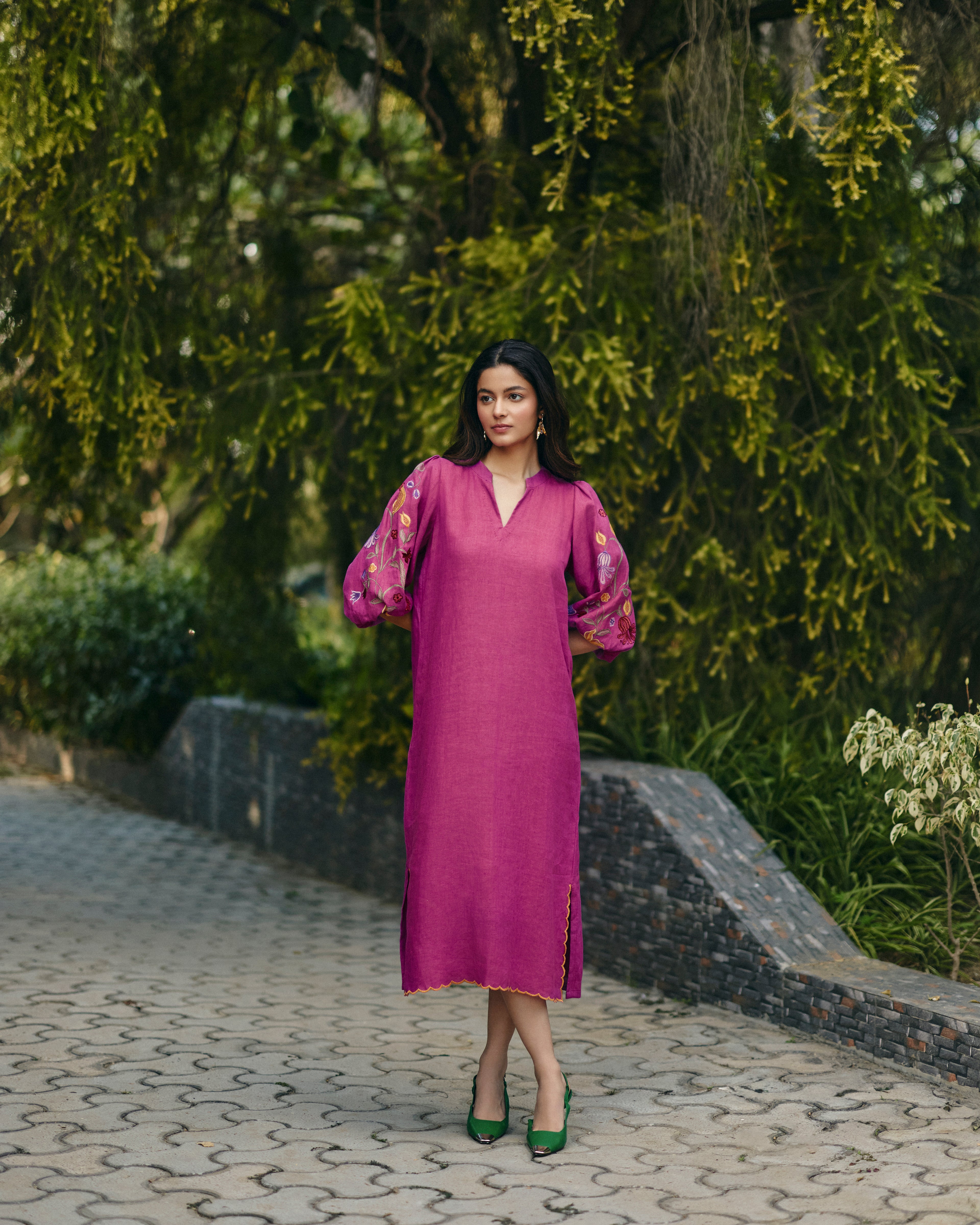 100% Hemp Pink Hemp Dress by Ewoke with 100% Hemp, embroided pink dress, Midi Dress, Nostalgia's Thread by Ewoke, pink dress, printed dress, womens midi dress at Kamakhyaa for sustainable fashion