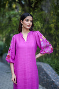100% Hemp Pink Hemp Dress by Ewoke with 100% Hemp, embroided pink dress, Midi Dress, Nostalgia's Thread by Ewoke, pink dress, printed dress, womens midi dress at Kamakhyaa for sustainable fashion