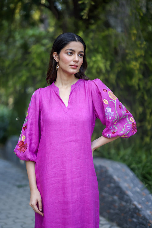 100% Hemp Pink Hemp Dress by Ewoke with 100% Hemp, embroided pink dress, Midi Dress, Nostalgia's Thread by Ewoke, pink dress, printed dress, womens midi dress at Kamakhyaa for sustainable fashion